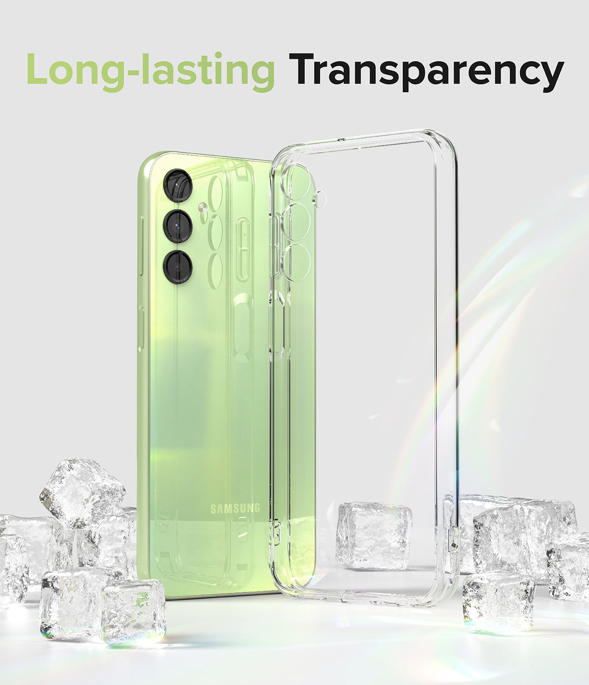 Galaxy A24 4G(LTE) Case | Fusion - Clear - Light green phone and clear case surrounded by ice cubes with text.