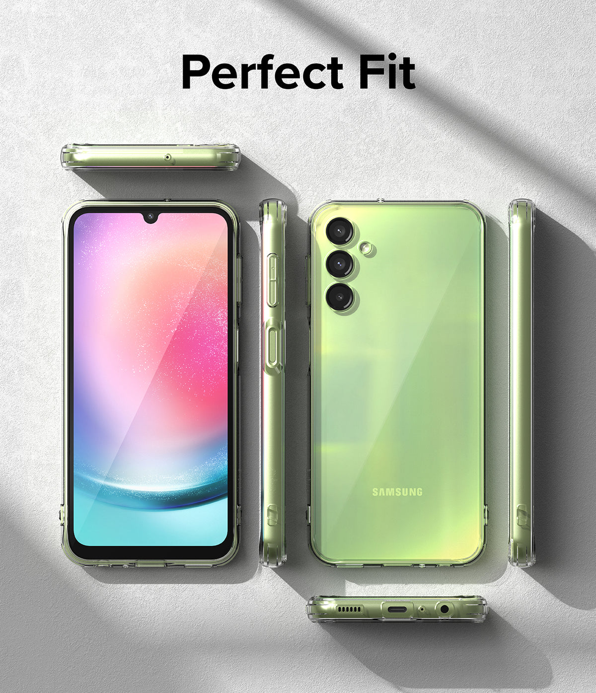 Galaxy A24 4G(LTE) Case | Fusion - Clear - Multiple views of a light green phone in a clear case with Perfect Fit text.