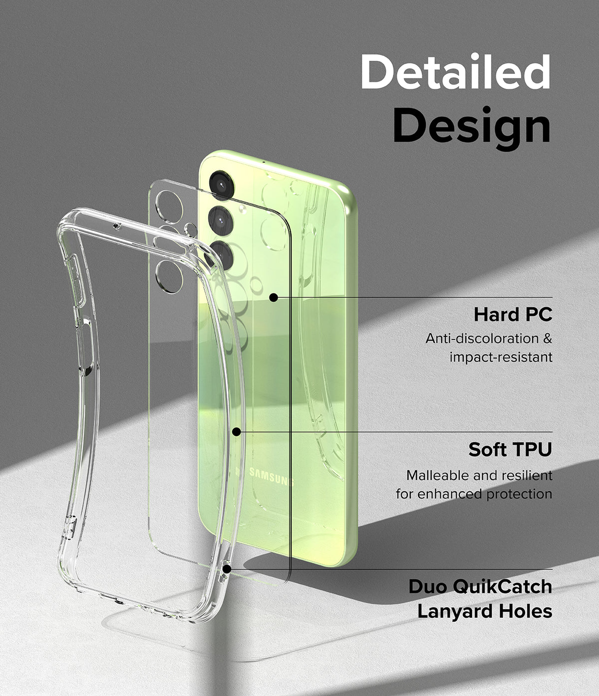 Galaxy A24 4G(LTE) Case | Fusion - Clear - Exploded view of a clear phone case highlighting PC, TPU, and lanyard holes.