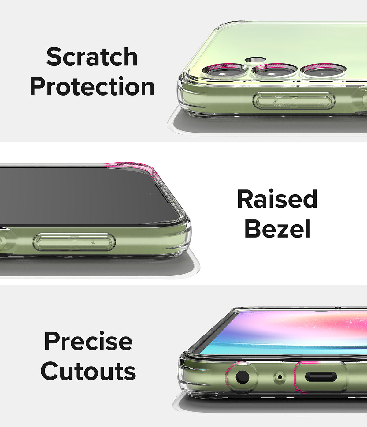 Galaxy A24 4G(LTE) Case | Fusion - Clear - Close-ups showing scratch protection, raised bezels, and precise port cutouts.