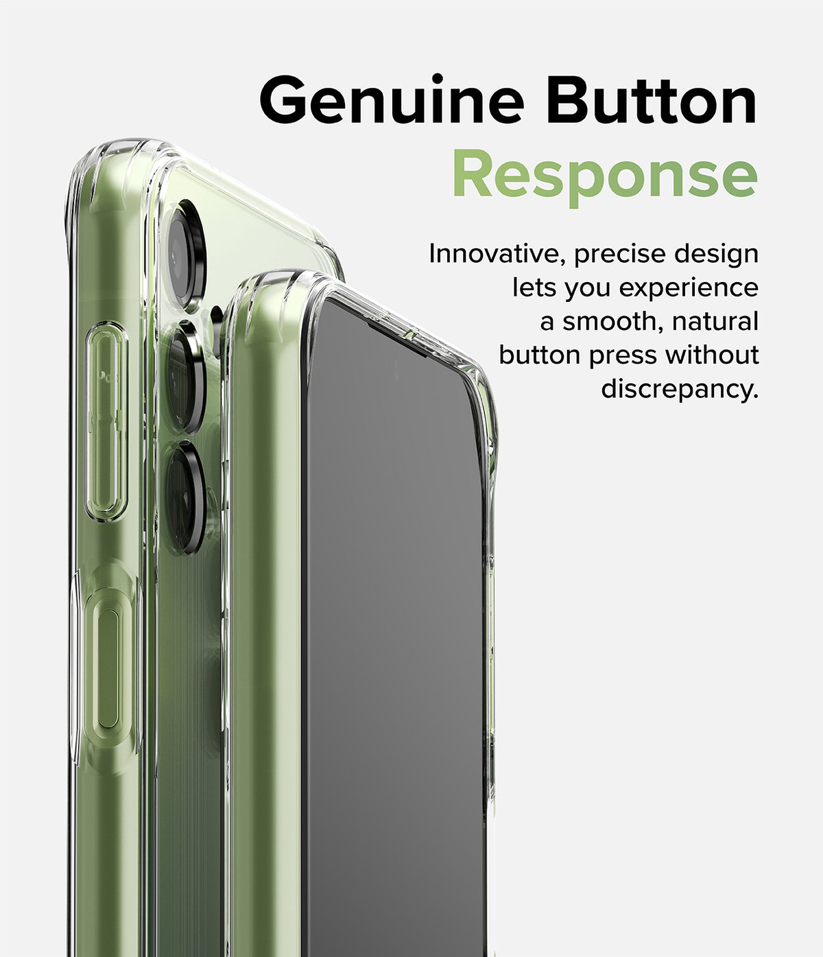 Galaxy A24 4G(LTE) Case | Fusion - Clear - Close-up of a clear phone case on a green phone highlighting precise buttons.