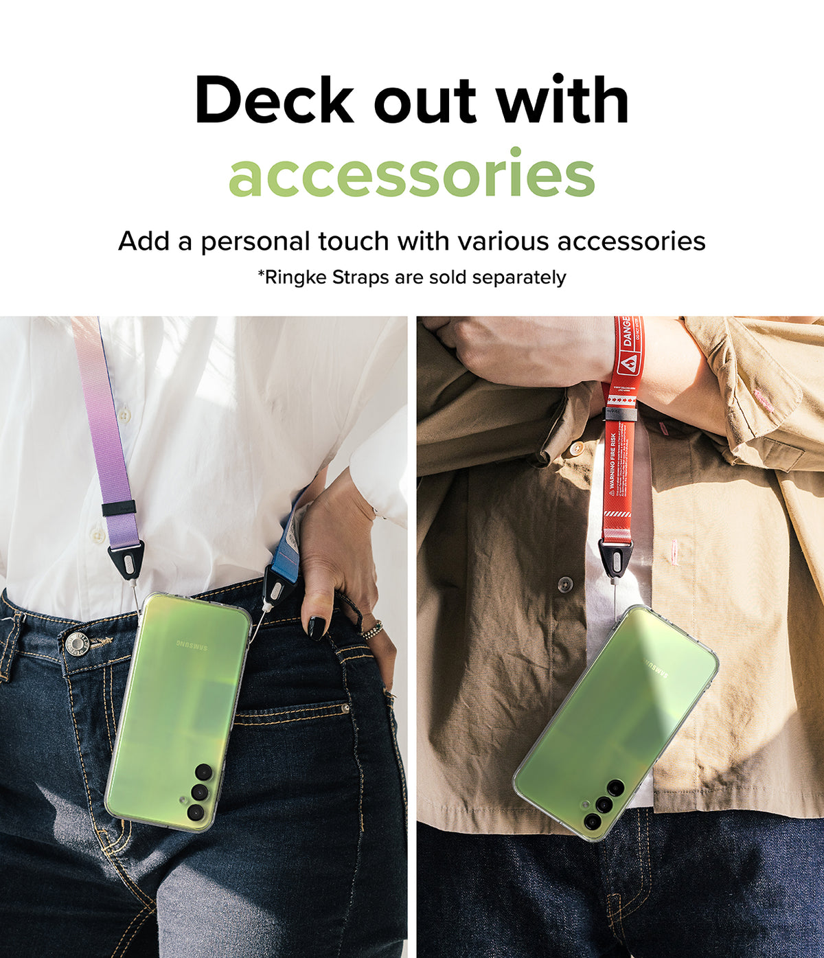 Galaxy A24 4G(LTE) Case | Fusion - Clear - Two people wearing Galaxy A24 phones with clear cases and colorful neck straps.