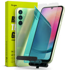 Galaxy A24 4G(LTE) Screen Protector | Full Cover Glass (2 Pack) - Galaxy A24 4G(LTE) Screen Protector - Galaxy A24 phone with a glass screen protector being applied via an installation tool.