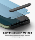 Galaxy A24 4G(LTE) Screen Protector | Full Cover Glass (2 Pack) - Galaxy A24 4G(LTE) Screen Protector - Installation jig aligning a glass screen protector onto a smartphone screen.