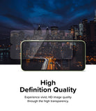 Galaxy A24 4G(LTE) Screen Protector | Full Cover Glass (2 Pack) - Galaxy A24 4G(LTE) Screen Protector - Transparent glass screen protector hovering over a smartphone displaying a city skyline.