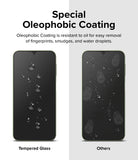 Galaxy A24 4G(LTE) Screen Protector | Full Cover Glass (2 Pack) - Galaxy A24 4G(LTE) Screen Protector - Comparison of clean tempered glass with water beads versus smudged standard glass.