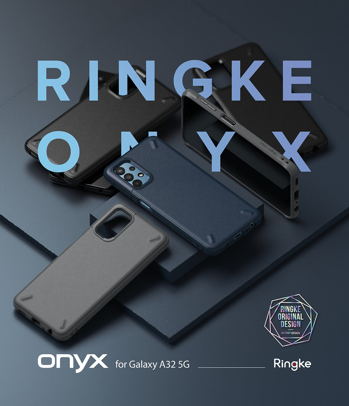 Galaxy A32 5G Case | Onyx - Multiple black and navy Onyx phone cases arranged on a dark blue geometric platform.