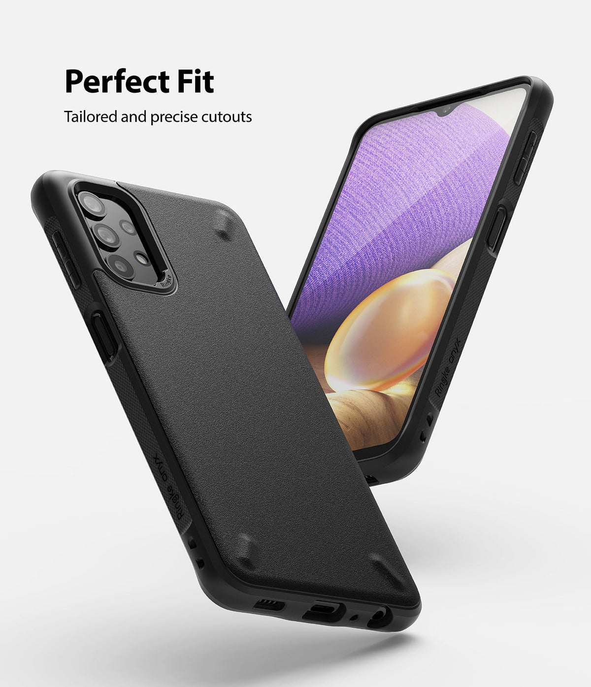 Galaxy A32 5G Case | Onyx - Black phone case showing back and front views with precise cutouts and textured finish.
