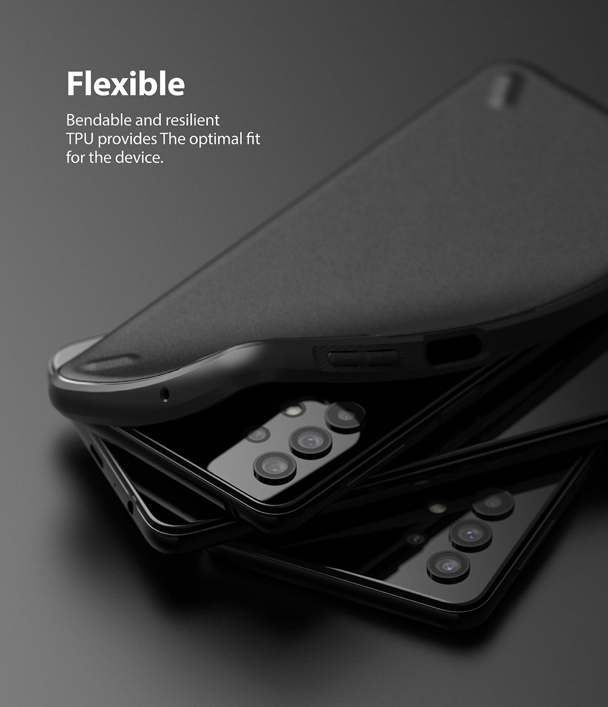 Galaxy A32 5G Case | Onyx - A flexible black TPU case being placed onto a black Galaxy A32 5G smartphone.