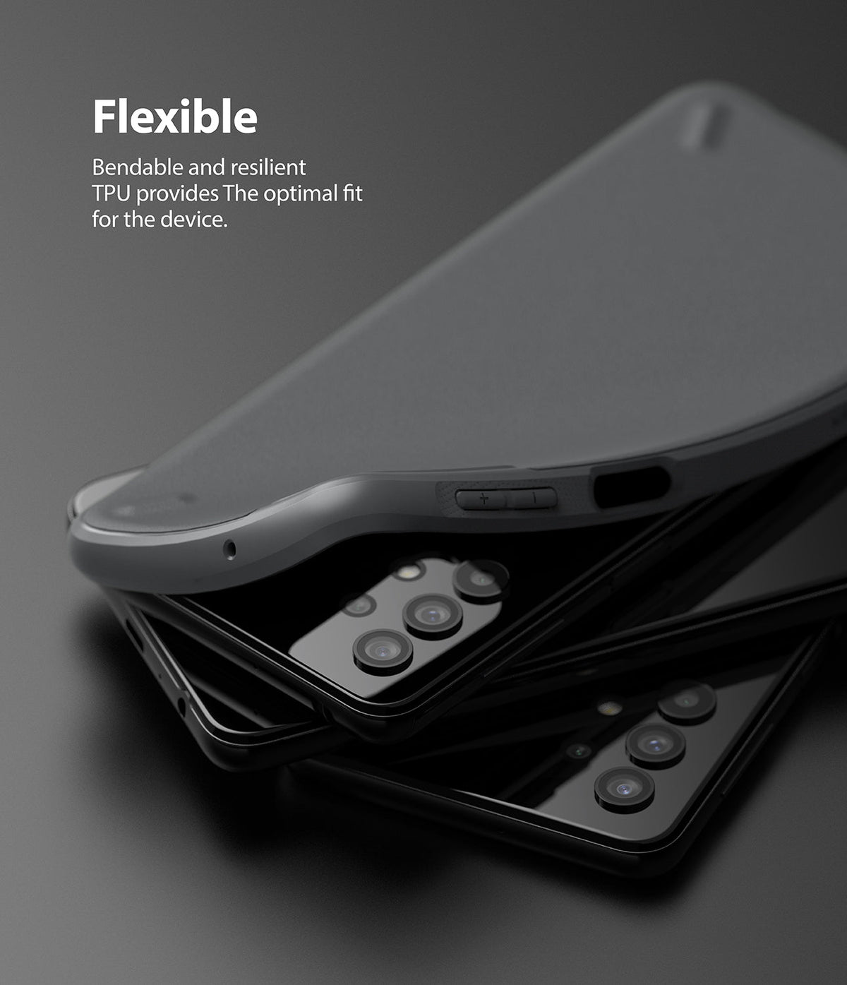Galaxy A32 5G Case | Onyx - A flexible, matte black TPU phone case being peeled away from a Galaxy A32 smartphone.