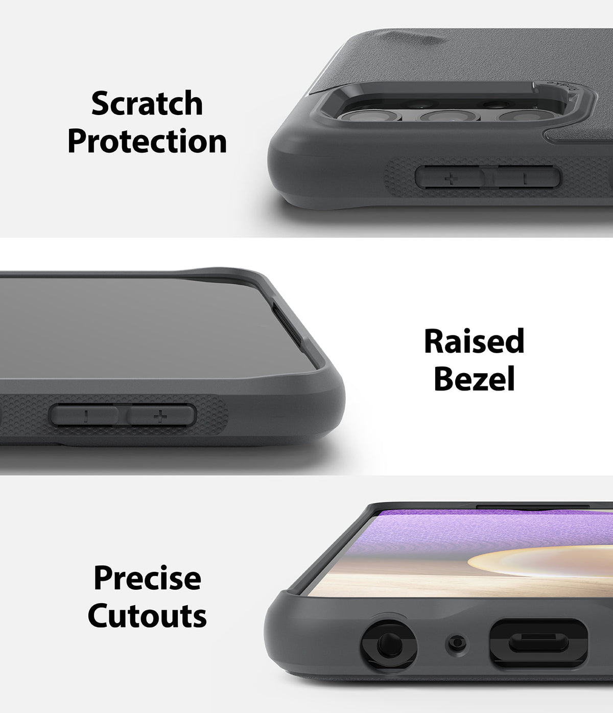 Galaxy A32 5G Case | Onyx - Close-ups showing camera protection, raised screen bezels, and precise port cutouts.