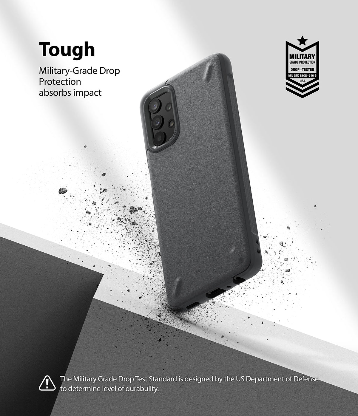 Galaxy A32 5G Case | Onyx - Black phone case with military-grade drop protection, shown with debris and impact text.