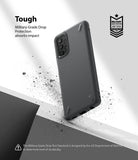 Galaxy A32 5G Case | Onyx - Black phone case with military-grade drop protection, shown with debris and impact text.