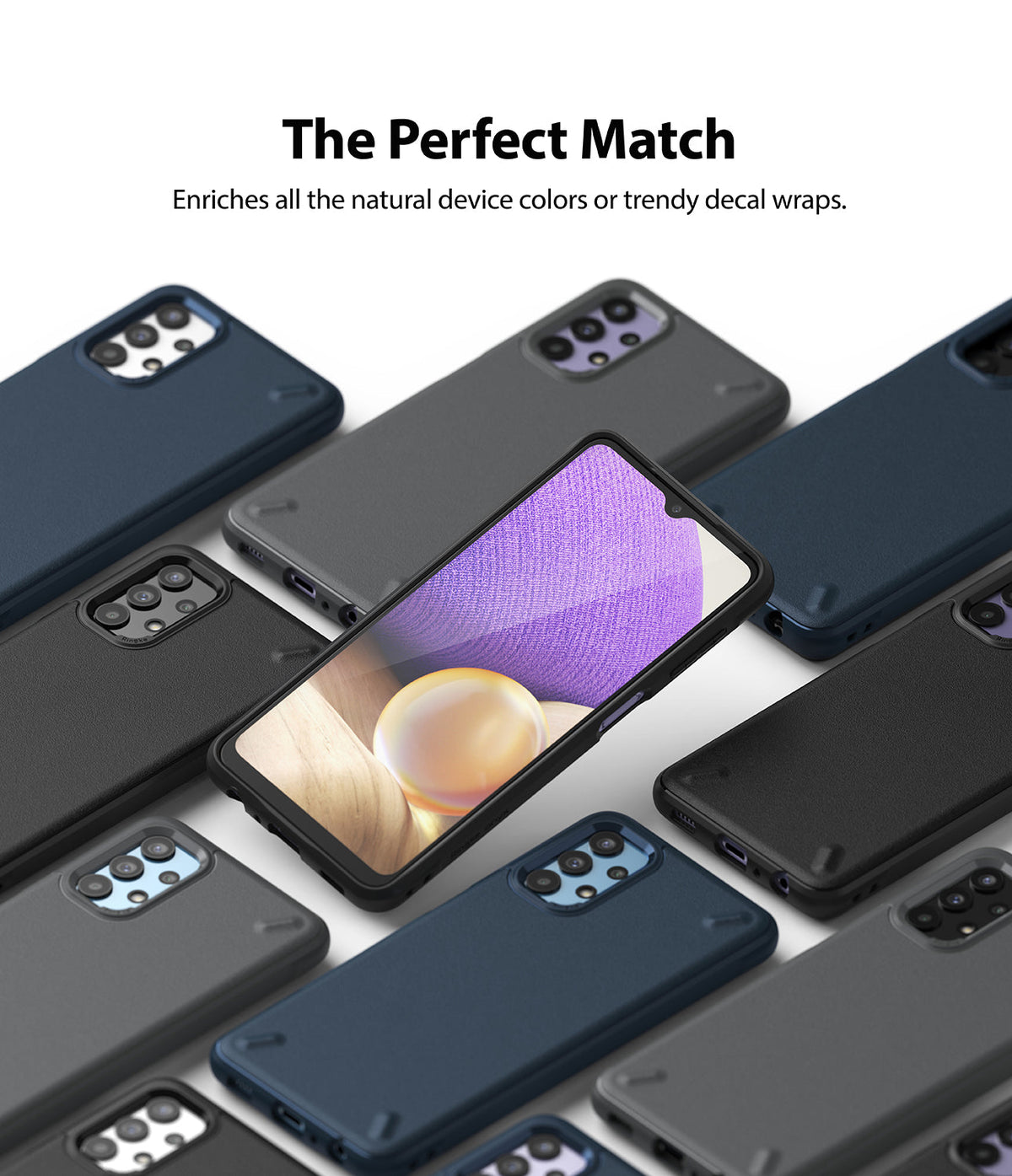 Galaxy A32 5G Case | Onyx - Multiple Galaxy A32 5G phones in Onyx cases arranged in a grid with one phone facing forward.
