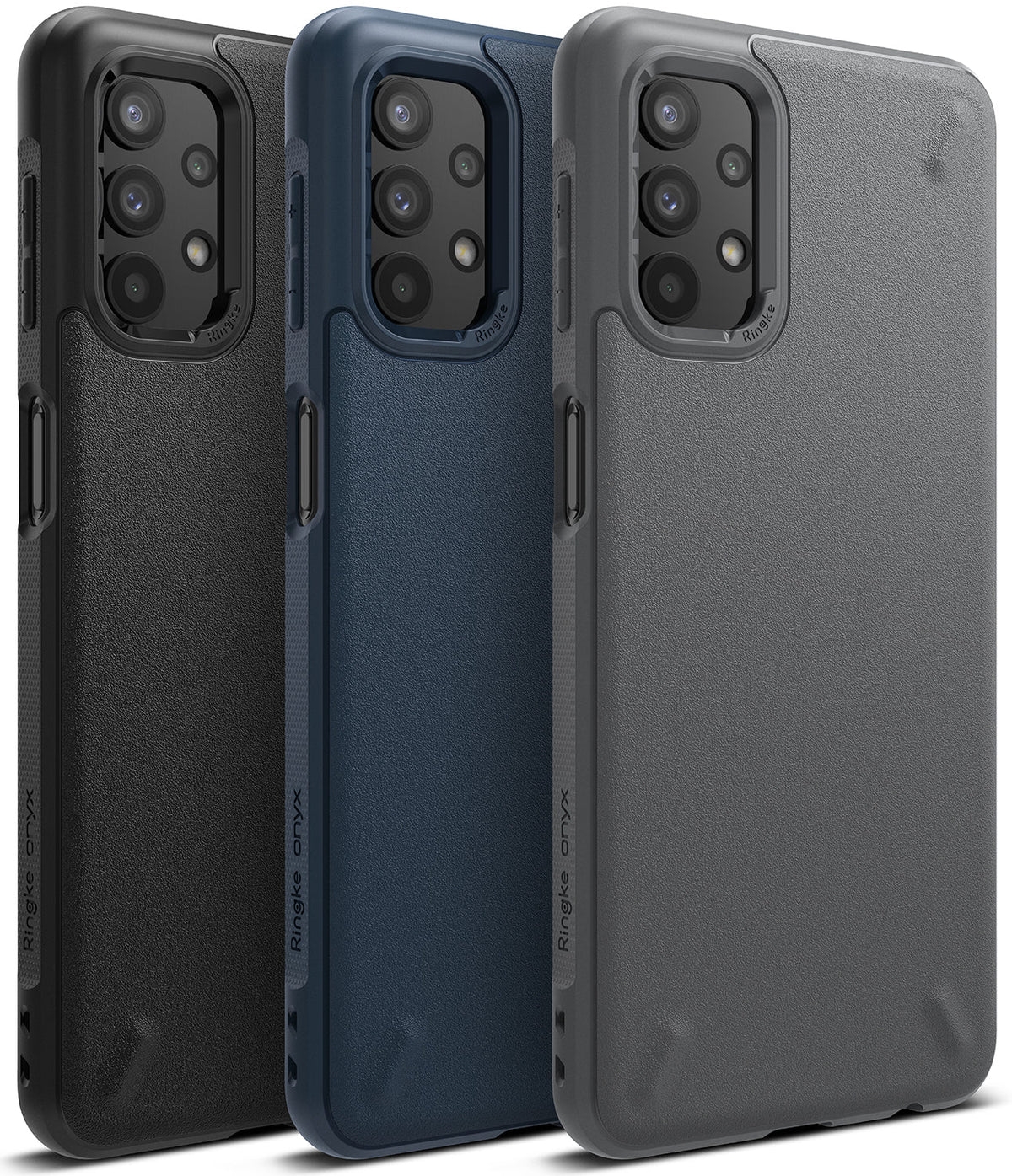 Galaxy A32 5G Case | Onyx - Three textured phone cases in black, navy, and gray, featuring camera cutouts and Ringke branding.