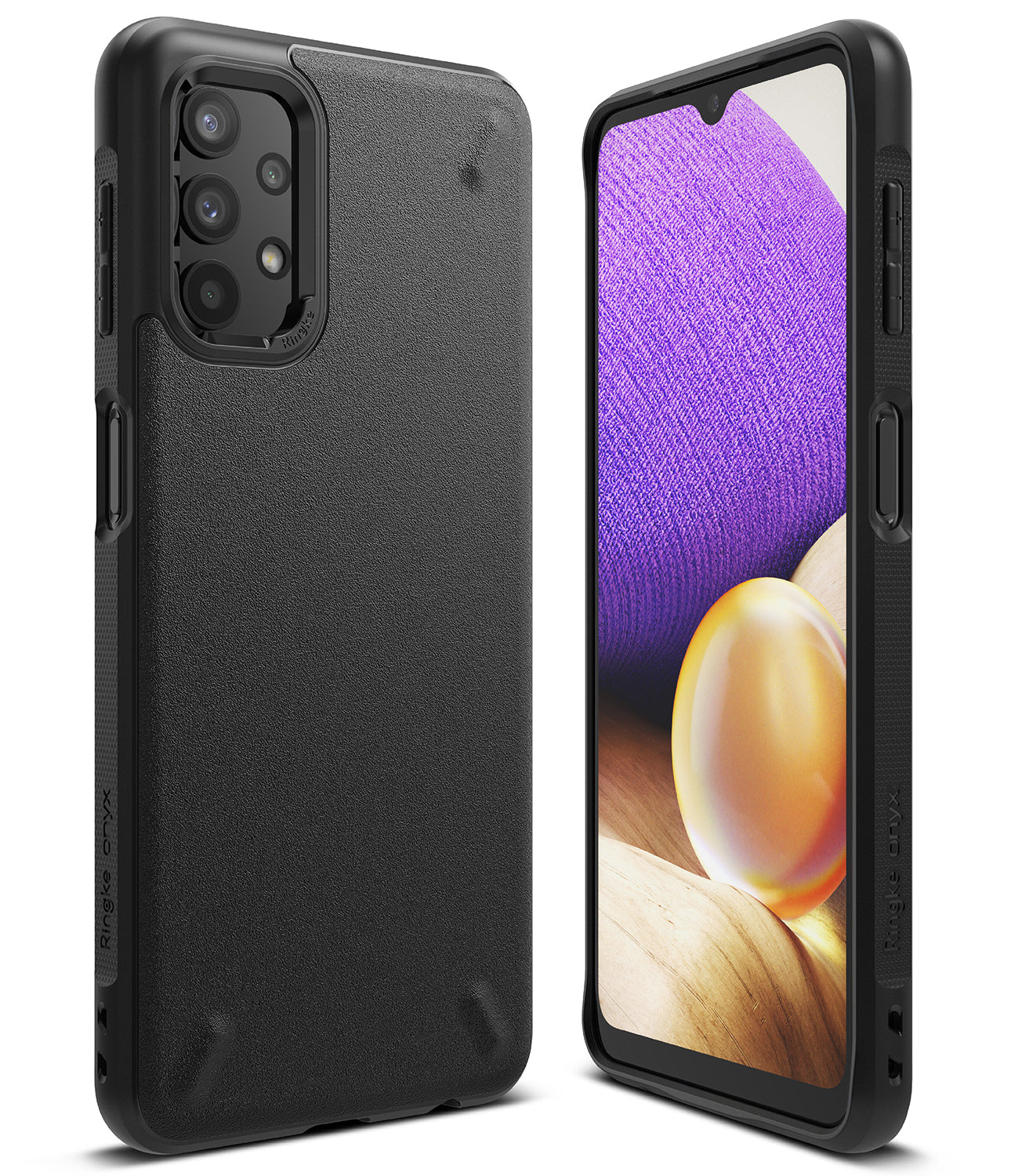Galaxy A32 5G Case | Onyx - Matte black protective phone case shown from the back and front with a colorful screen display.