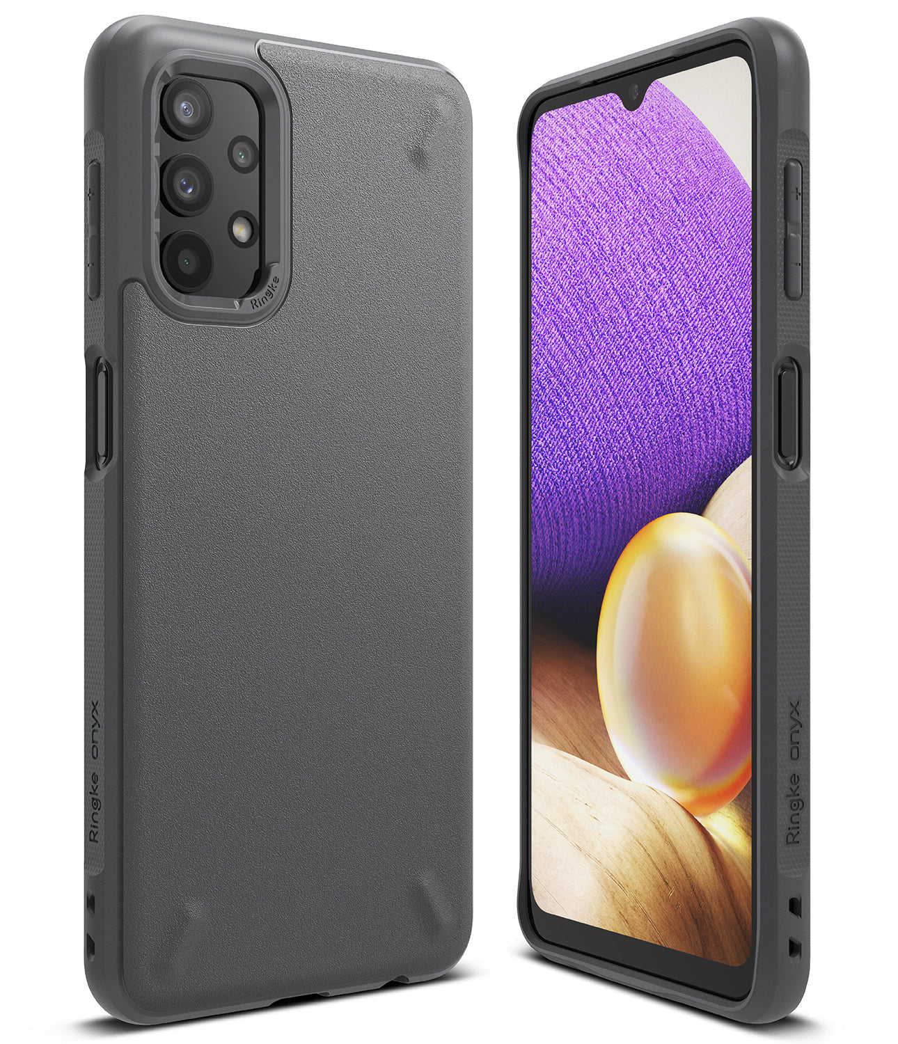 Galaxy A32 5G Case | Onyx - Matte black protective phone case shown from the back and front with a colorful screen display.