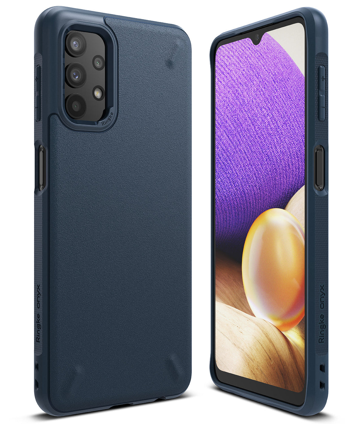 Galaxy A32 5G Case | Onyx - Matte navy blue phone case shown from back and front angles with a textured finish.
