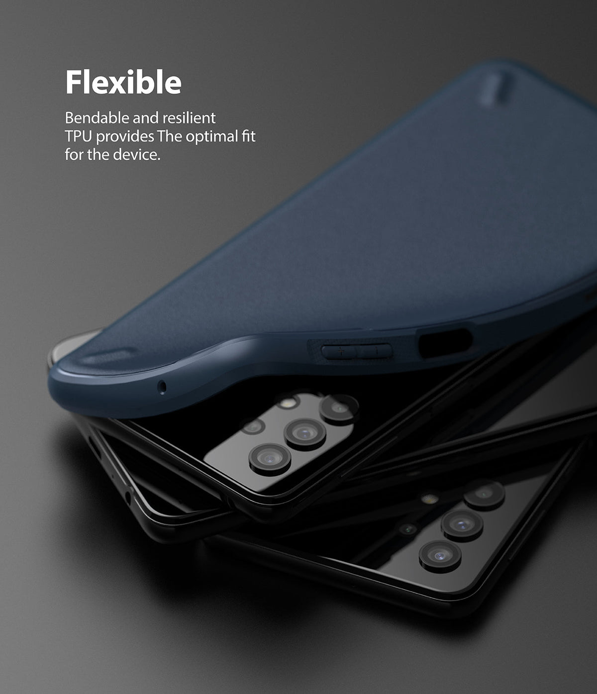Galaxy A32 5G Case | Onyx - A flexible navy blue TPU phone case bending over a stack of black smartphones.