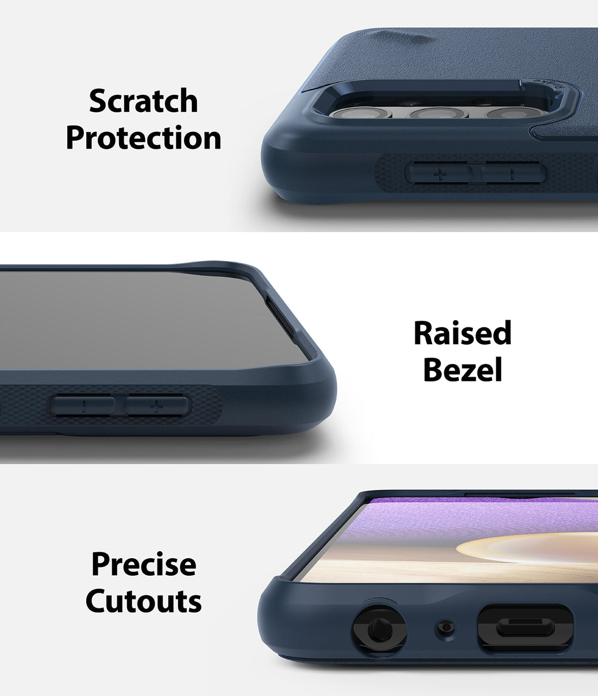 Galaxy A32 5G Case | Onyx - Close-ups of a navy phone case showing camera protection, raised screen bezels, and port cutouts.