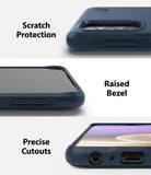 Galaxy A32 5G Case | Onyx - Close-ups of a navy phone case showing camera protection, raised screen bezels, and port cutouts.