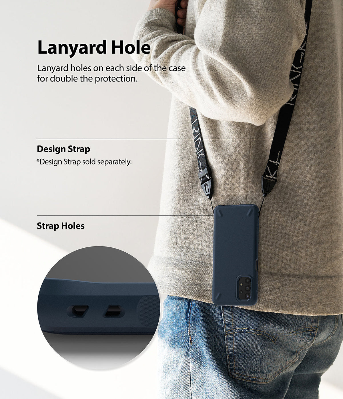 Galaxy A32 5G Case | Onyx - Person wearing a phone case with a lanyard, highlighting the dual strap holes on the side.