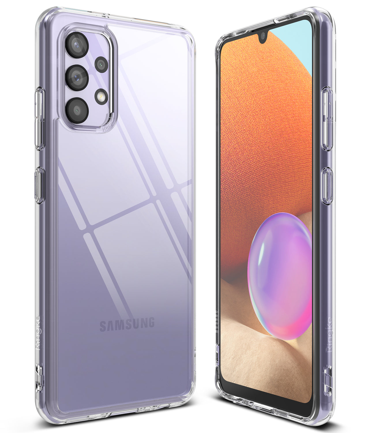Galaxy A32 4G Case | Fusion - Clear protective case on a light purple Samsung Galaxy A32 4G, showing front and back views.