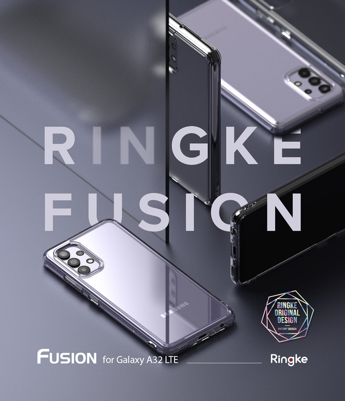 Galaxy A32 4G Case | Fusion - Clear phone cases for Samsung Galaxy A32 displayed on a dark surface with Ringke branding.
