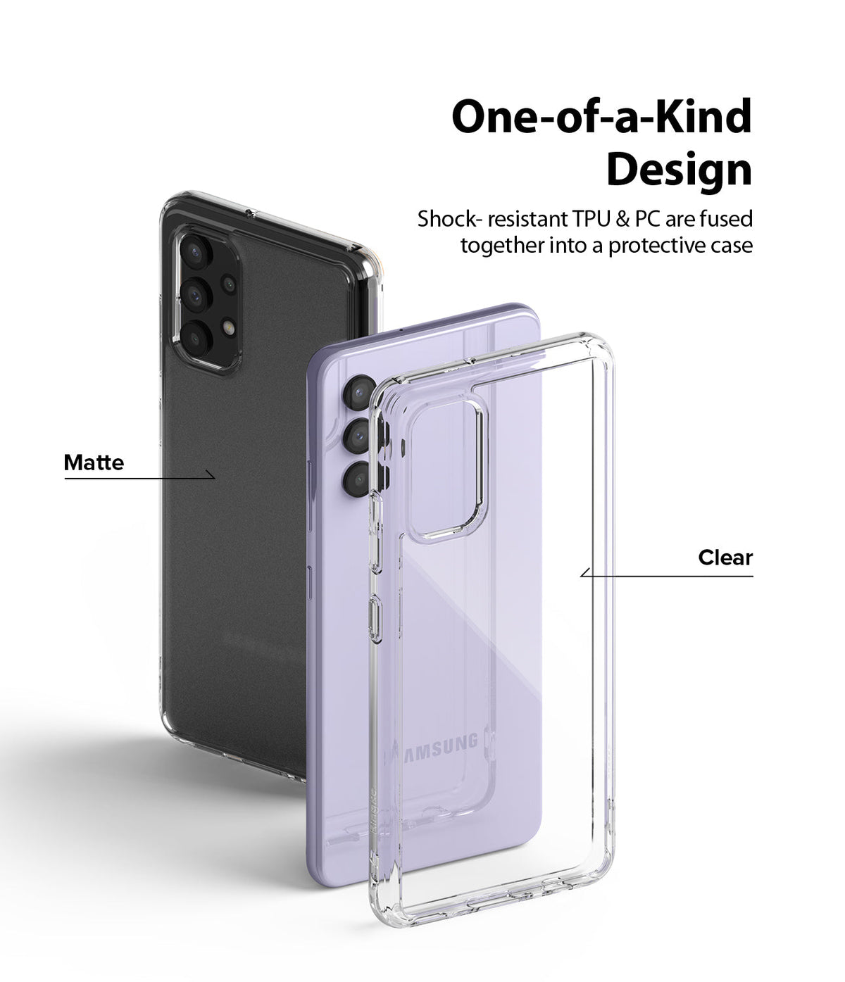 Galaxy A32 4G Case | Fusion - Exploded view of a phone case showing matte and clear layers over a lavender smartphone.