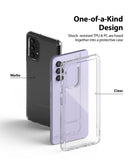 Galaxy A32 4G Case | Fusion - Exploded view of a phone case showing matte and clear layers over a lavender smartphone.