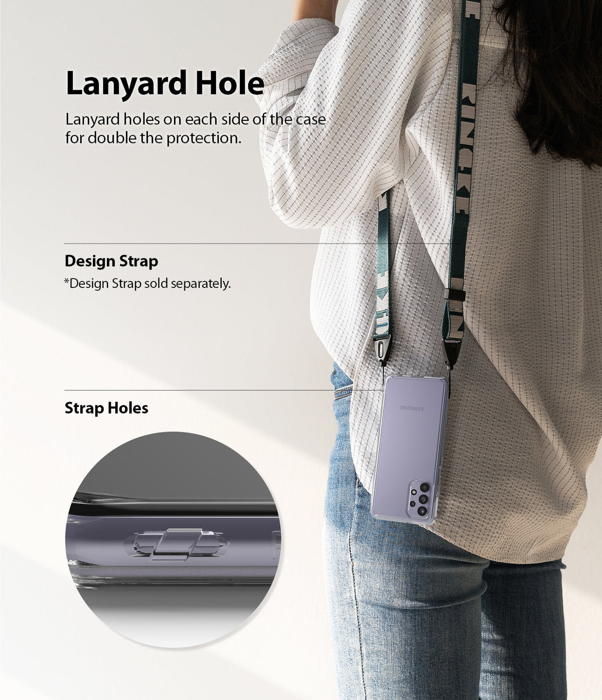 Galaxy A32 4G Case | Fusion - Person wearing a phone case with a lanyard strap, highlighting the integrated strap holes.