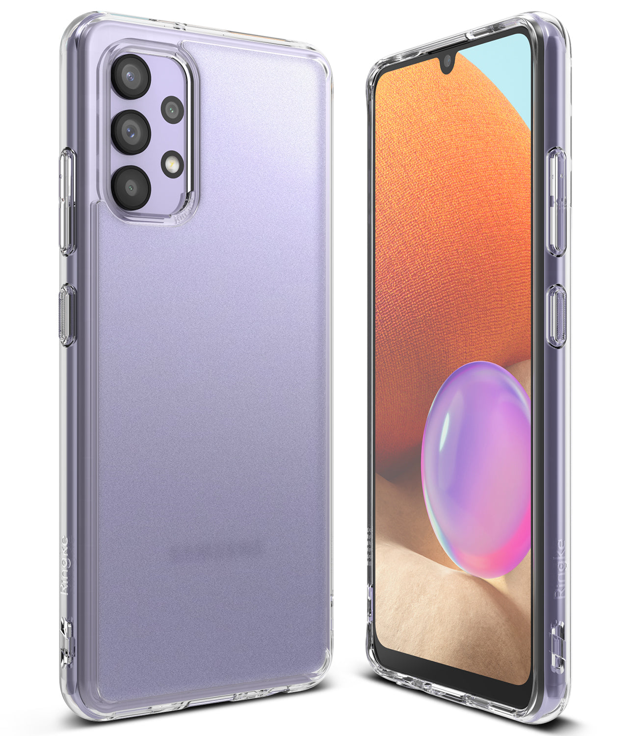Galaxy A32 4G Case | Fusion - Clear protective case on a light purple Samsung Galaxy A32 4G phone, front and back view.