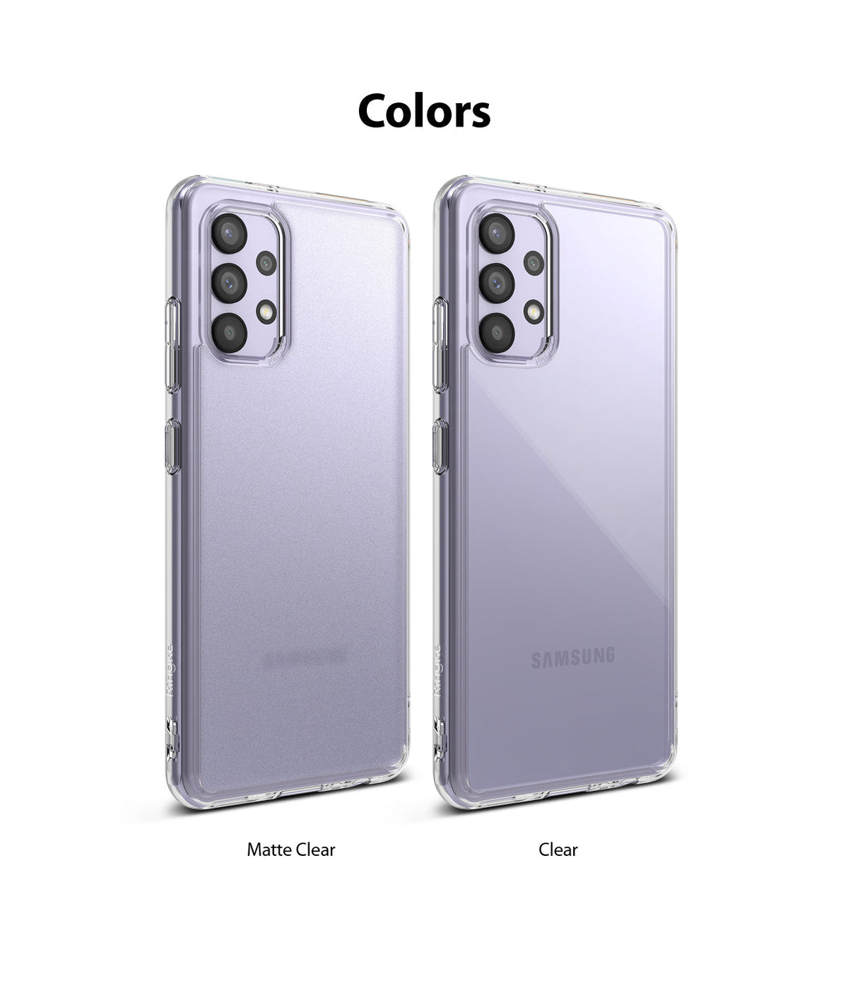 Galaxy A32 4G Case | Fusion - Two purple Samsung phones shown with Matte Clear and Clear protective cases side by side.