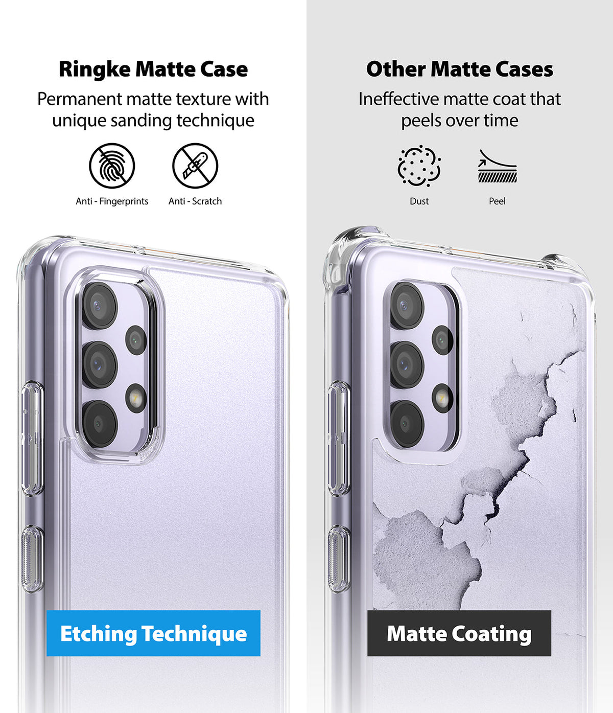 Galaxy A32 4G Case | Fusion - Comparison of a durable etched matte phone case versus a peeling matte coated case.