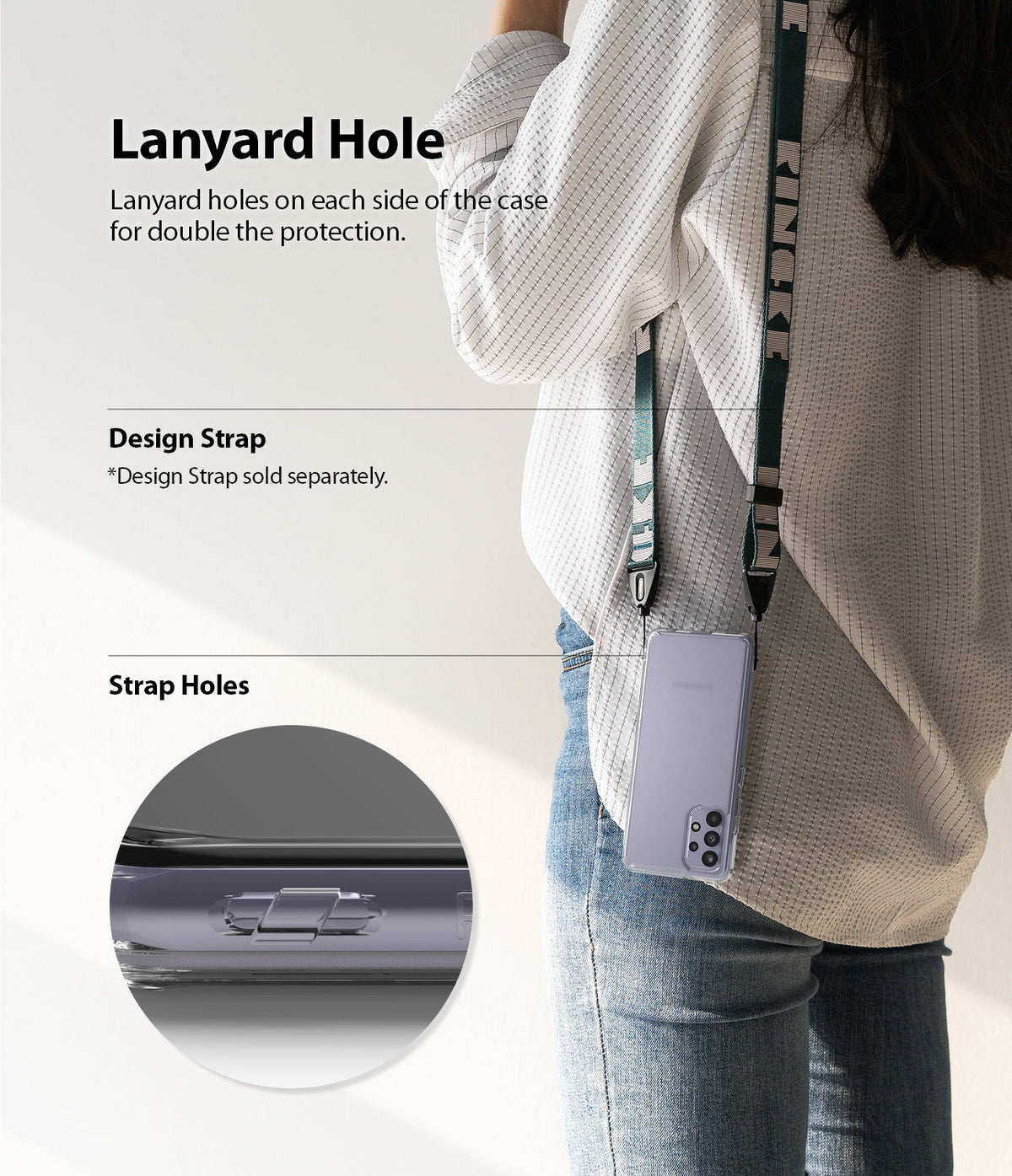 Galaxy A32 4G Case | Fusion - Person wearing a phone case with a lanyard strap, highlighting the integrated strap holes.