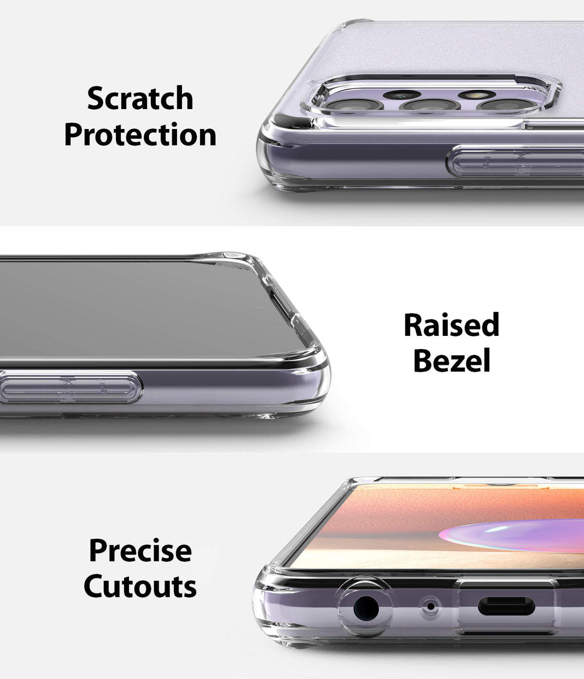Galaxy A32 4G Case | Fusion - Close-ups showing scratch protection, raised bezels, and precise port cutouts on a clear case.