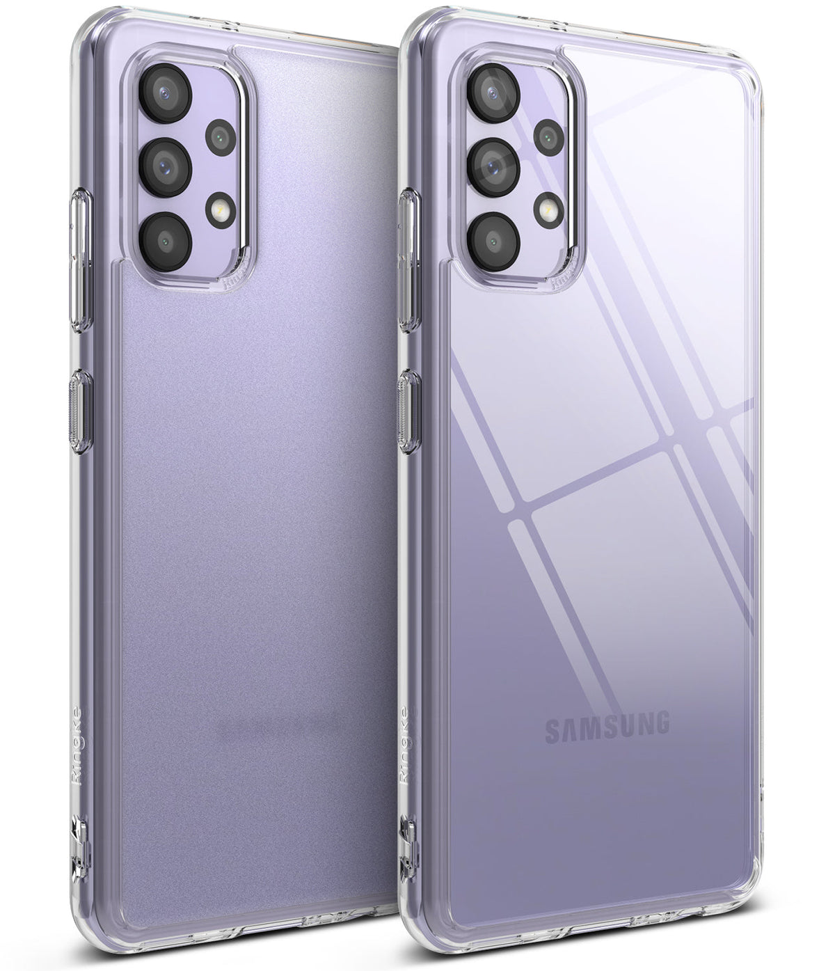 Galaxy A32 4G Case | Fusion - Two lavender Samsung Galaxy A32 phones in clear protective cases shown from the back.