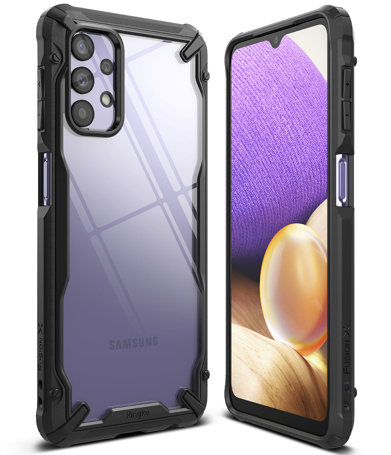 Galaxy A32 5G Case | Fusion-X - Black rugged protective case with clear back panel shown from front and back angles.