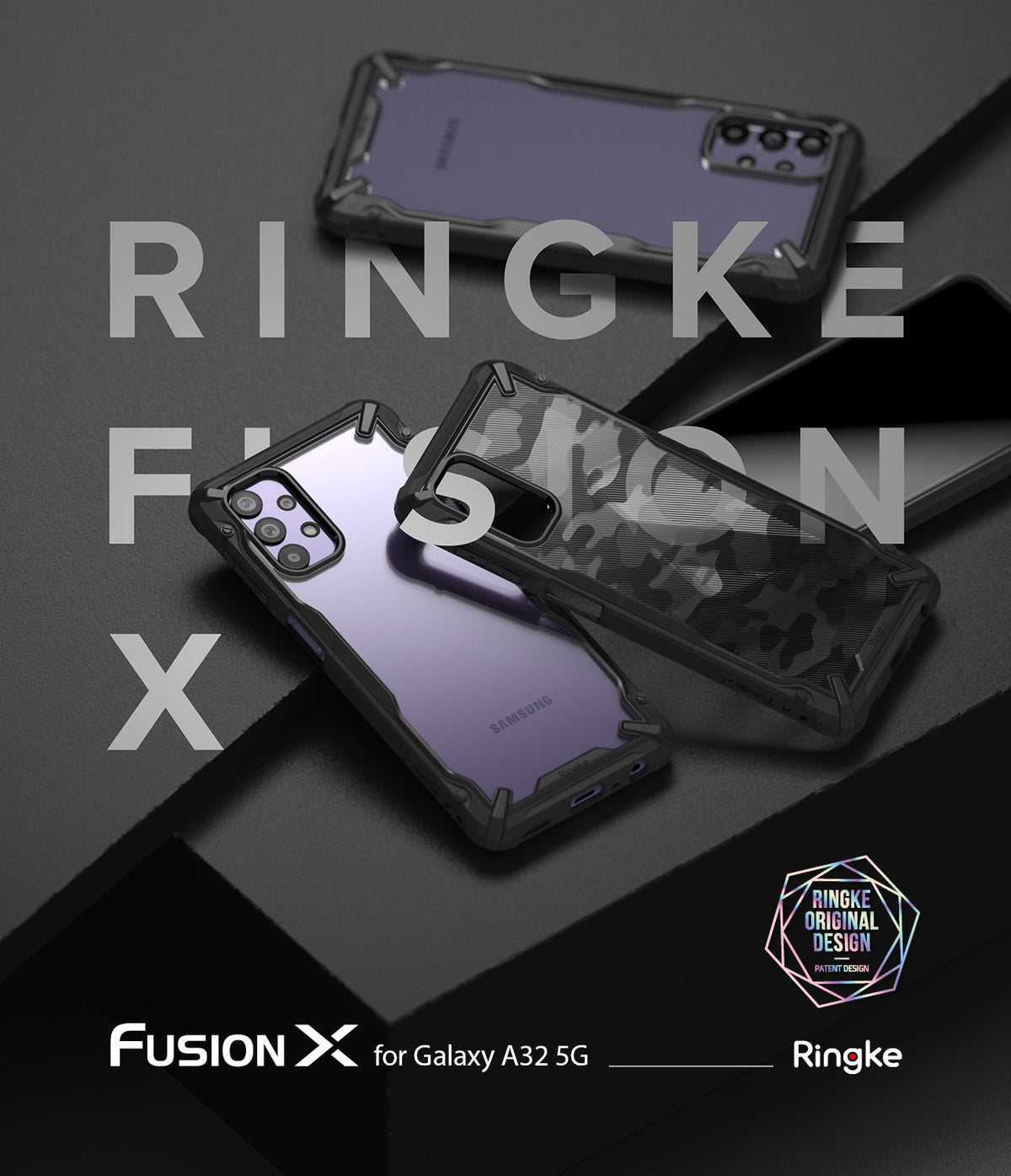 Galaxy A32 5G Case | Fusion-X - Three Galaxy A32 5G phones in black Fusion-X cases arranged on a dark, geometric background.