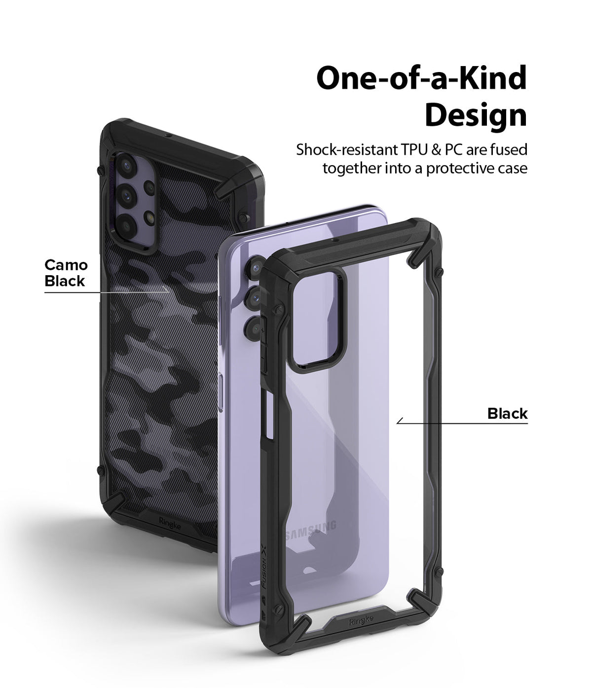 Galaxy A32 5G Case | Fusion-X - Camo Black and clear black phone cases displayed with a lavender Samsung Galaxy A32.