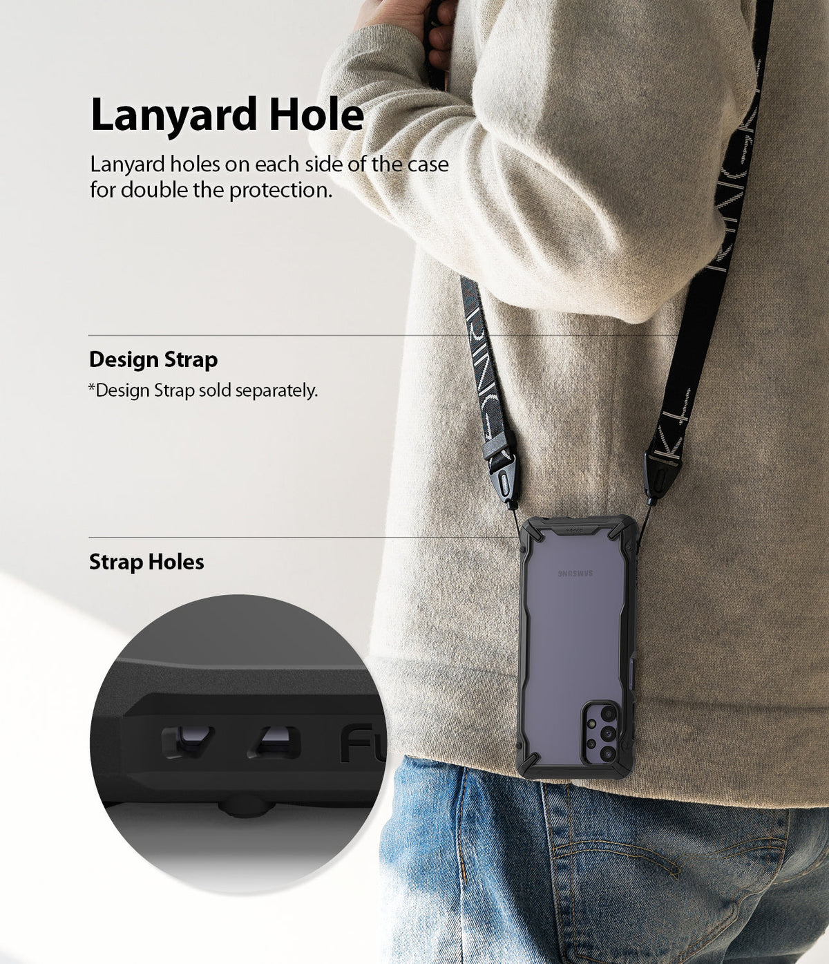 Galaxy A32 5G Case | Fusion-X - Person wearing a phone case with a lanyard strap attached to dual side holes.