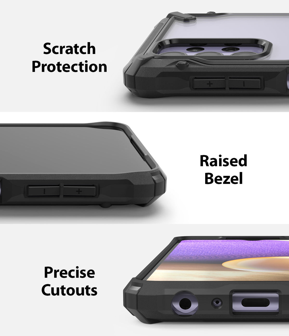 Galaxy A32 5G Case | Fusion-X - Three close-up views showing scratch protection, raised bezels, and precise port cutouts.