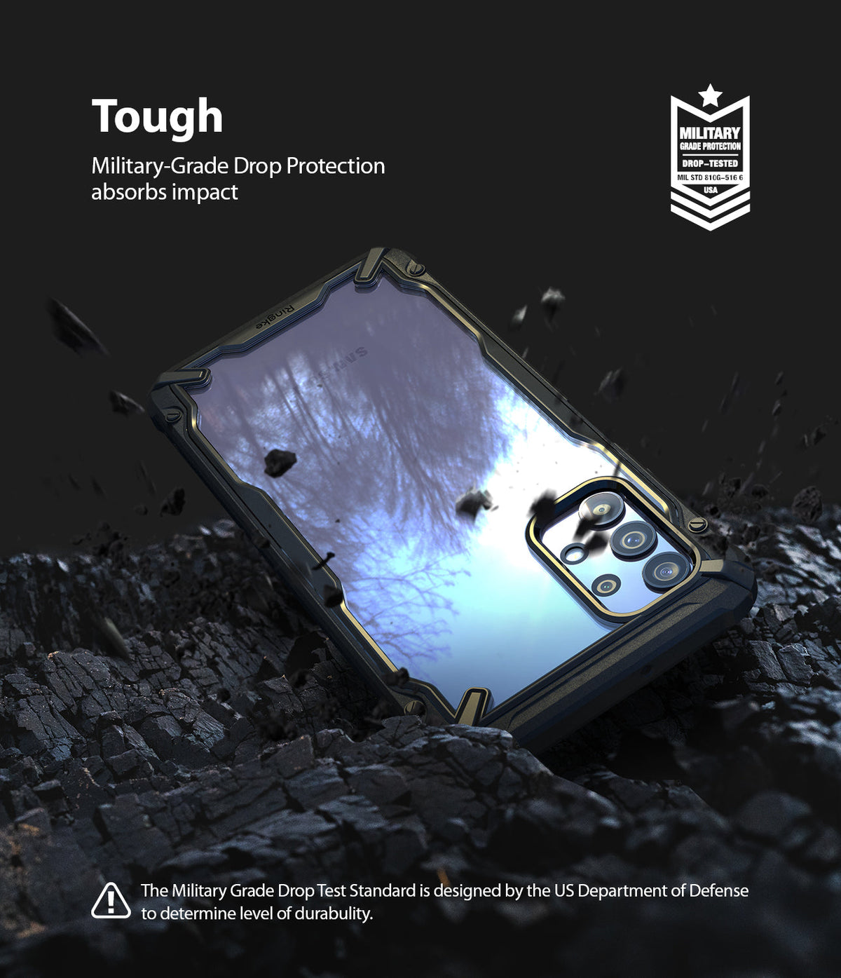 Galaxy A32 5G Case | Fusion-X - Rugged phone case on dark, rocky ground with military-grade drop protection badge.