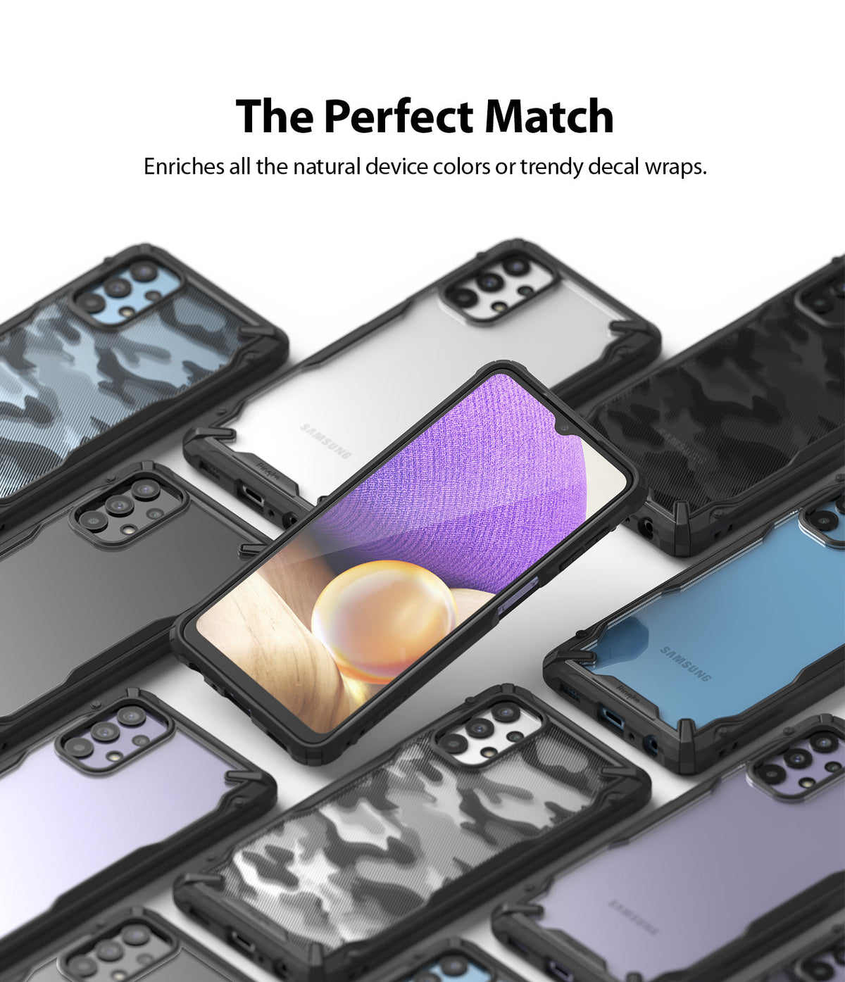 Galaxy A32 5G Case | Fusion-X - Multiple Galaxy A32 5G phones in Fusion-X cases with various colors and camo patterns.