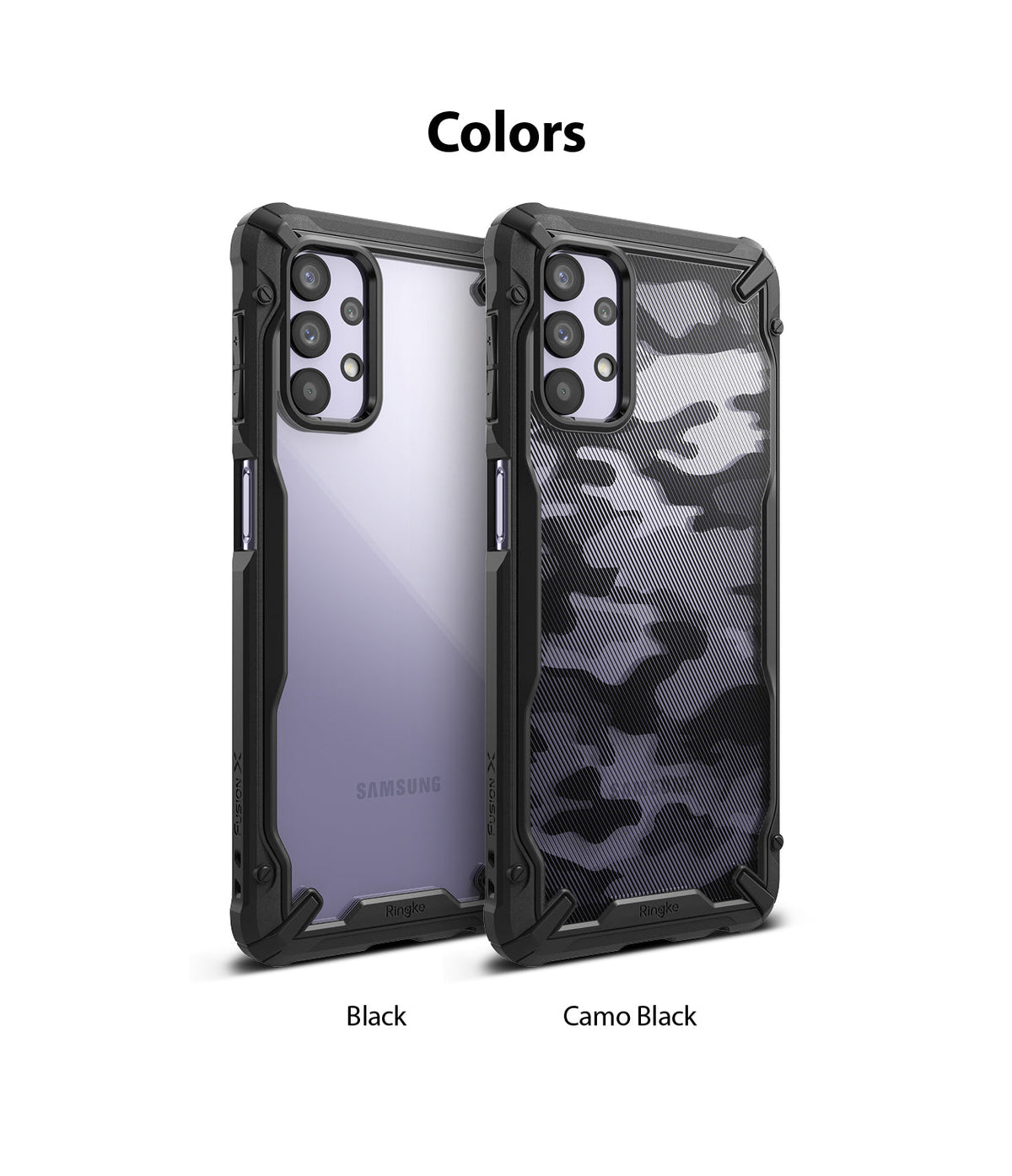 Galaxy A32 5G Case | Fusion-X - Two Galaxy A32 5G phones in clear and camo black Fusion-X protective cases side-by-side.