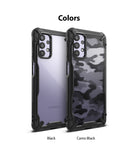 Galaxy A32 5G Case | Fusion-X - Two Galaxy A32 5G phones in clear and camo black Fusion-X protective cases side-by-side.