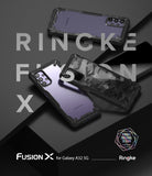 Galaxy A32 5G Case | Fusion-X - Three Galaxy A32 5G phones in black Fusion-X cases with clear and camo back designs.