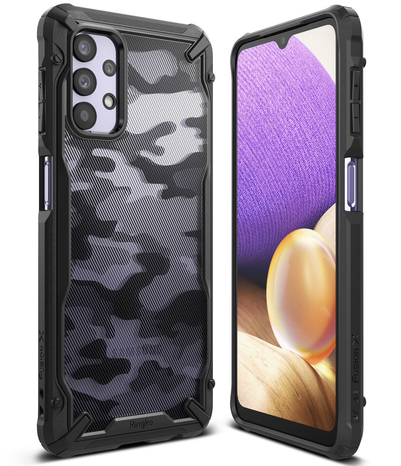 Galaxy A32 5G Case | Fusion-X - Black rugged phone case with camo back and front view showing a colorful abstract screen.