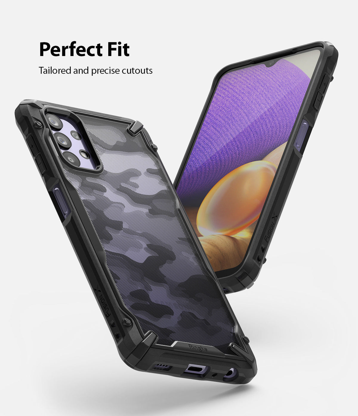 Galaxy A32 5G Case | Fusion-X - Camouflage Fusion-X case on a Galaxy A32 5G phone showing precise cutouts and fit.