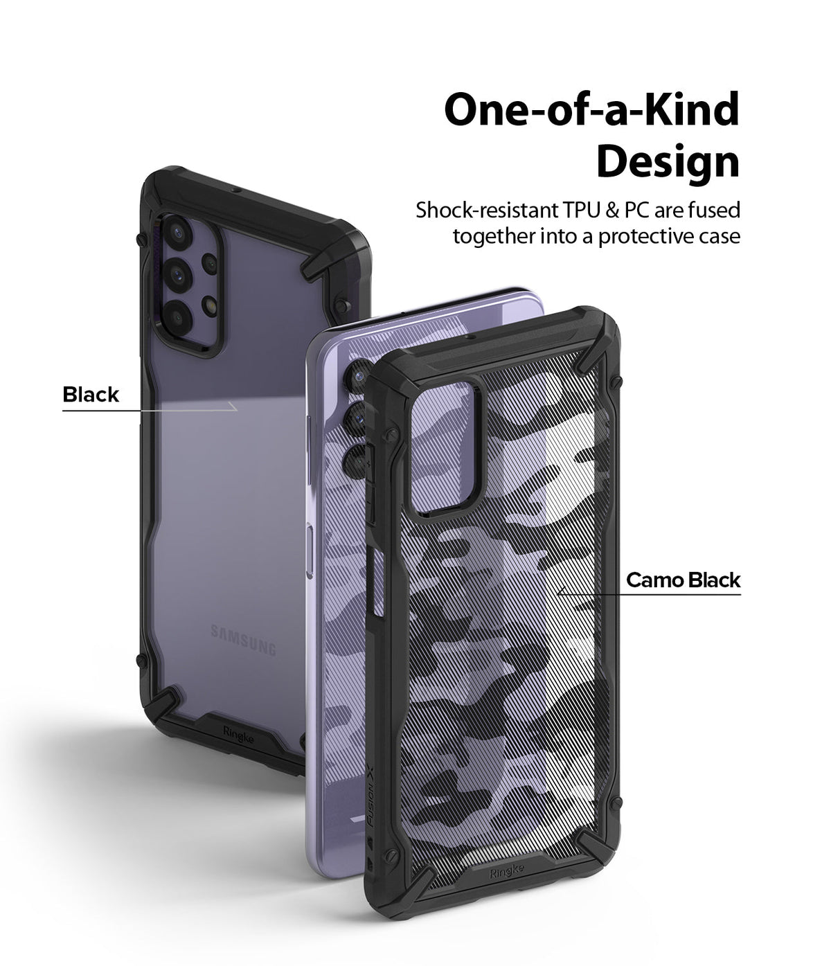Galaxy A32 5G Case | Fusion-X - Two Samsung Galaxy A32 5G phones with black and camo black Fusion-X protective cases.